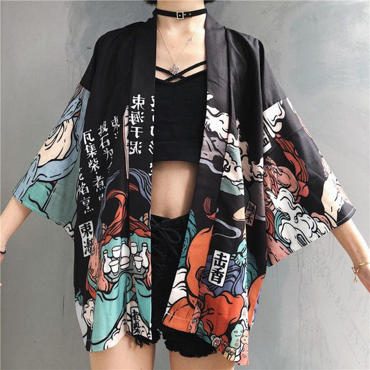 Comic Print Cardigans Japanese Kimono Cardigan Woman Thin College Streetwear Sunscreen Clothes Kimono Coat