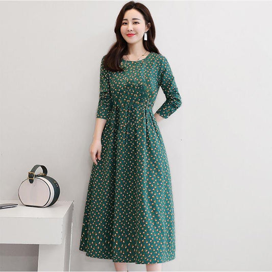 Cotton Long-sleeved Dress Women's Plus Size Women's Mother's Clothing Mid-length Slim Print Casual Long Skirt