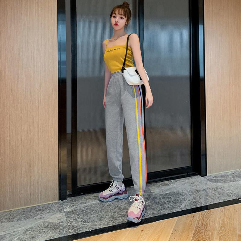 Women's Gray Sweatpants All-match Spring and Summer Loose Loose Feet and Thin Three Bars Casual Sweater Pants
