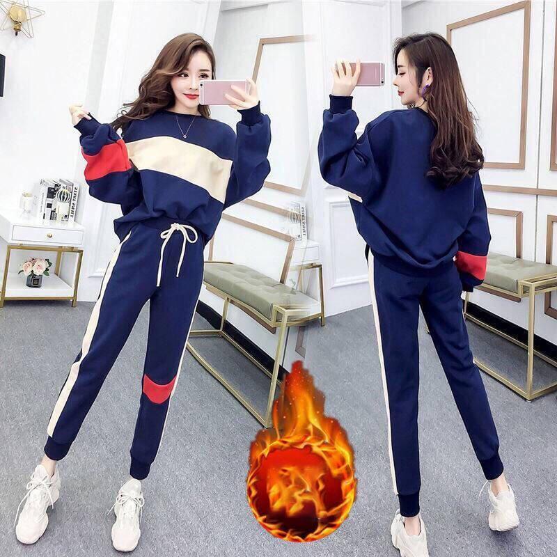 Sports Suit Women Loose Plus Velvet Thickened Long-sleeved Running Casual Two-piece Suit Warm and Breathable Comfort