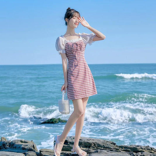 Women's Summer Plaid Dress Square Collar Slim Puff Sleeves Mid-length Skirt