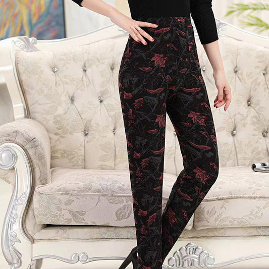 Mother Pants Autumn and Winter Plus Velvet Stretch Slimming Slimming Outer Wear Elastic Waist Leggings High Waist Middle-aged and Elderly Casual Pants