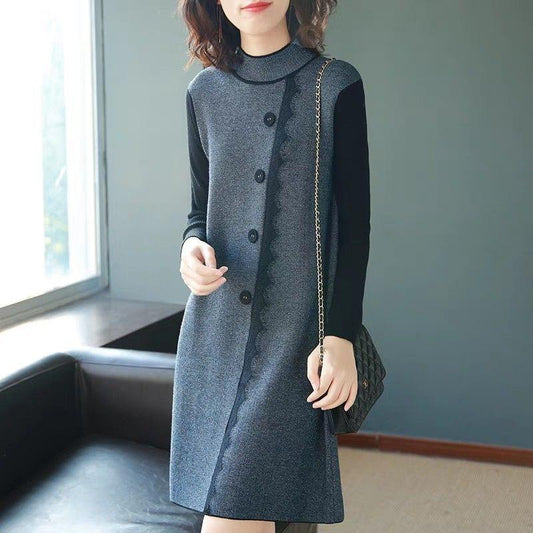 Autumn and Winter Knitted Dress Women's Long-sleeved Lace Stitching Slim Mid-length Pullover Sweater Outwear