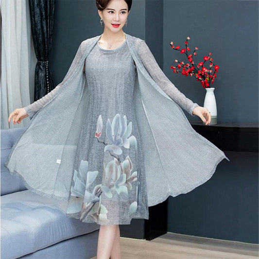 Chiffon Shirt + Dress 2pcs Suit Women's Sun Protection Clothing Sun-Dress Mid-length Plus Size Shawl Loose Outer Chiffon Cardigan Thin Coat Beach