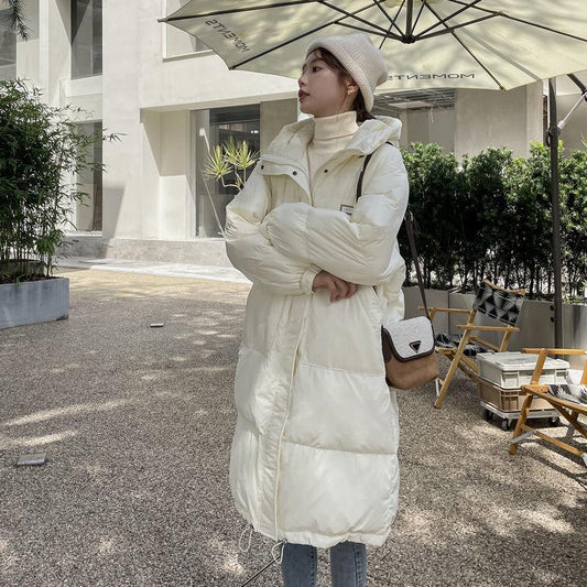 Women's Mid-length Down Jacket Korean Style Loose Thick Winter Hooded White Duck Down Jacket