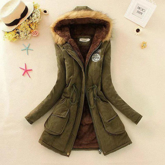 Women Hooded Warm Winter Coats Faux Fur Lined Parkas Lamb Cotton Padded Female Hairy Collar