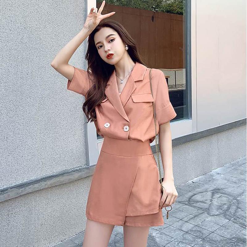 Two-piece All-match Retro Suit Women's Summer Casual Fashion V-neck Short-sleeved Shirt Culottes Suit