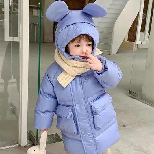 White Duck Down Girls Down Jacket Mid-length Warm Jacket Plus Velvet Thick Windproof Bright Surface Children's Clothing