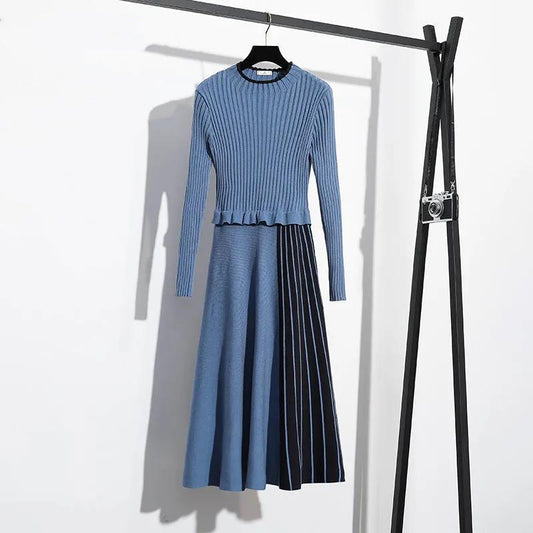 Spring and Autumn Dress Women 2021 All-match Slimming Base Dress Mid-length Fake Two-piece Knitted Dress