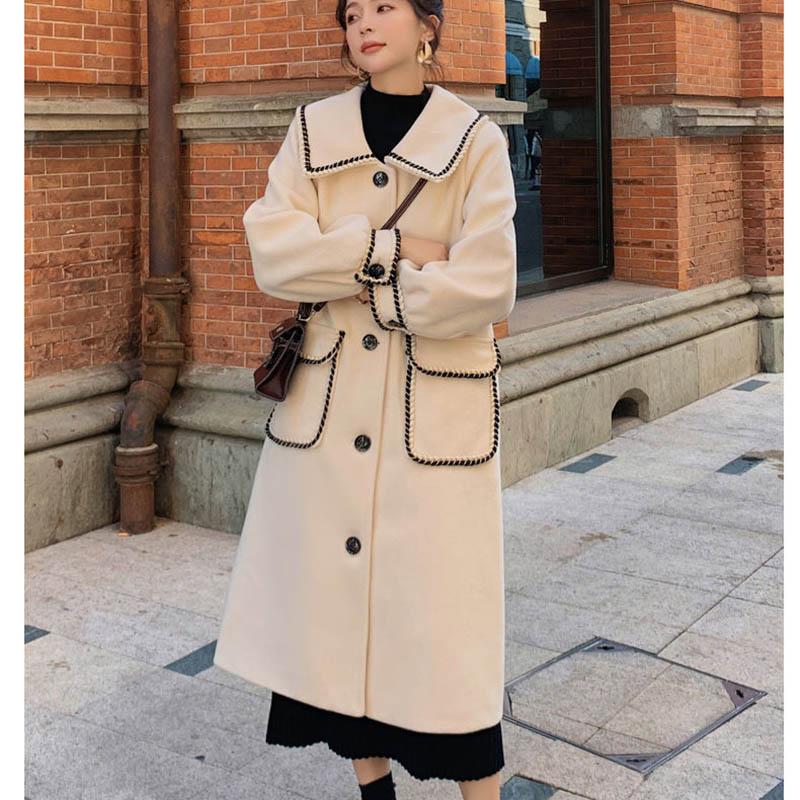Puff Sleeve Woolen Coat Women Autumn and Winter Mid-length Loose and Thin Woolen Coat