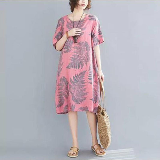 Bohemian Ladies Summer Short-sleeved Floral Print Dress Loose Casual Ethnic Mid-length Skirt Straight Skirt Large Size Skirt