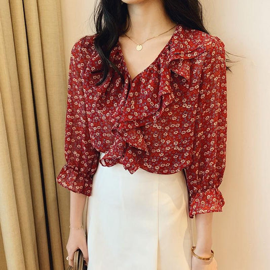Floral V-neck Wood Ear Edge Trumpet Sleeve Seven Sleeve Chiffon Shirt, Women's Summer Korean Loose Top Trend