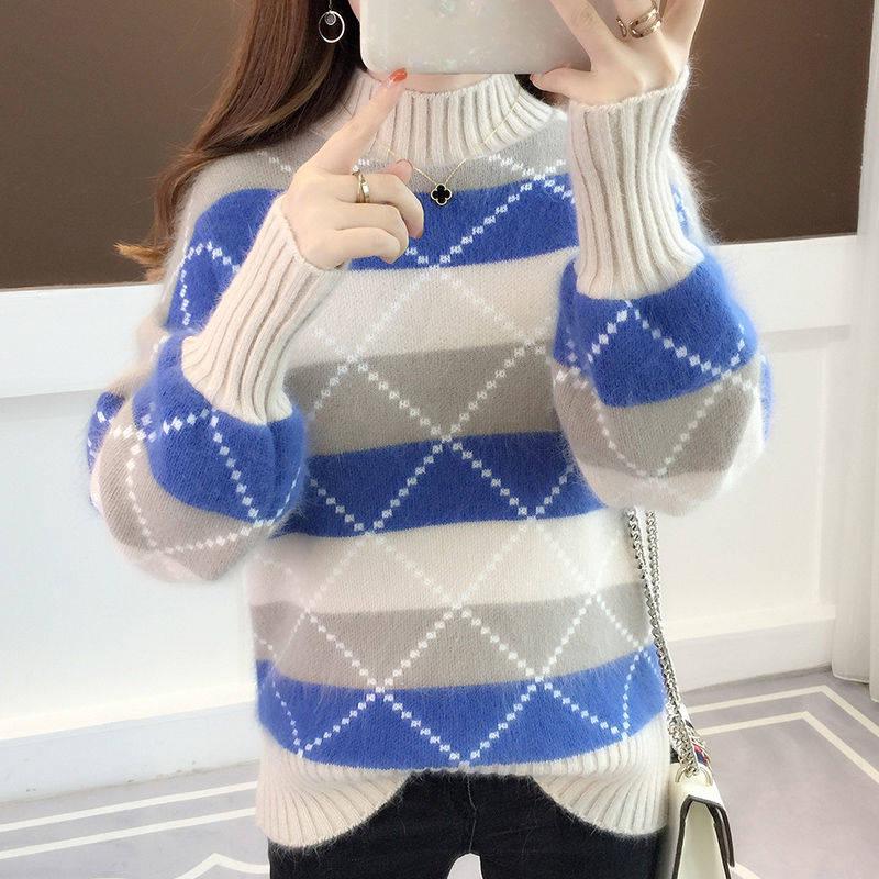 Pofulove Girly Button Cardigan Crew Neck Jumper Knitwear Skin-friendly Losse Plaid Pullover Sweater
