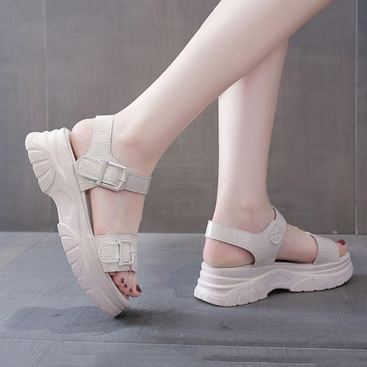 Sandals Women's Summer All-match Flat Shoes Non-slip Thick-soled Ladies Roman Shoes Black Glossy Simple Sports Casual Sandals