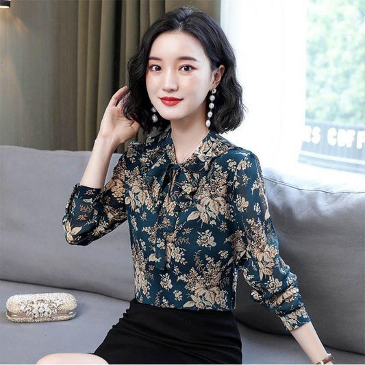 Floral Chiffon Shirt Shirt Ladies Mom Long Sleeve Top Covering Meat Foreign Style Commuter