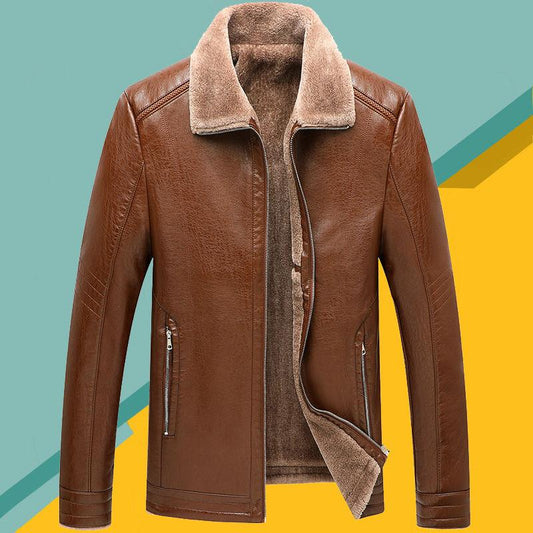 Slim Men's Leather Jacket Autumn Winter Fashion Trend Plus Velvet Thick Lamb Wool Jacket