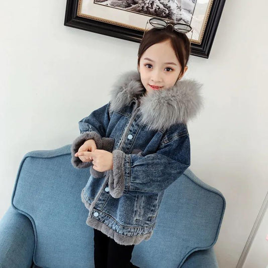 Girls Denim Warm Coat Winter Korean Children's Winter Clothes Fleece Padded Windproof Jacket
