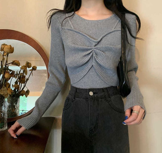 Women's Round Neck Pullover Bottoming Shirt Korean Fashion Fake Two Pieces Lace Knit Sweater