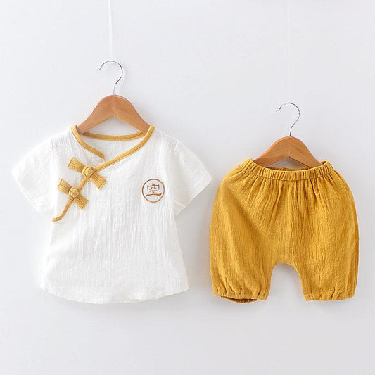 Children's Suit Summer Thin Boys Girls Loose T-shirt Shorts Two Piece Set Chinese Style Zen Pleated Button Ventilation
