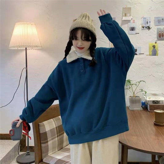 Autumn and Winter Loose Warm Pullover Sweater Women's Color Matching Polo Collar Jacket Jacket All-match Simple and Comfortable