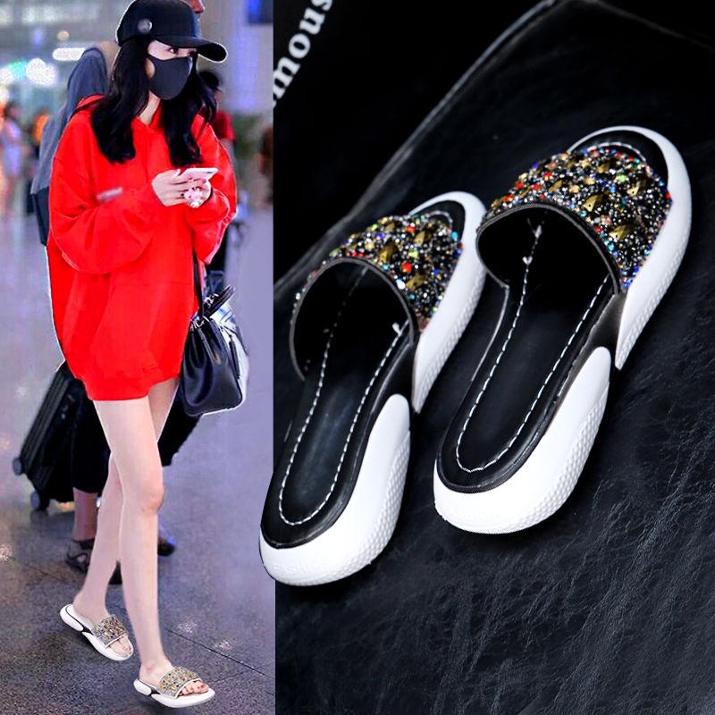 Sandals slippers female summer wear fashion thick bottom wild net red with rhinestone flat bottom