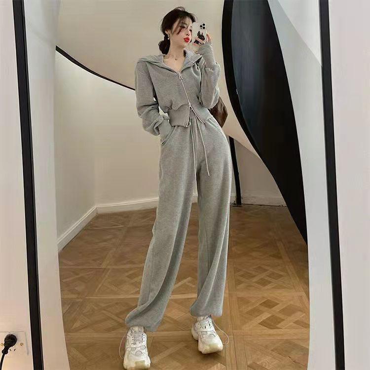 Sports Sweater Suit Women's Autumn Hooded Cardigan Coat Wide Leg Pants Two-piece Sports Sweater Jogging Trousers Casual Suit