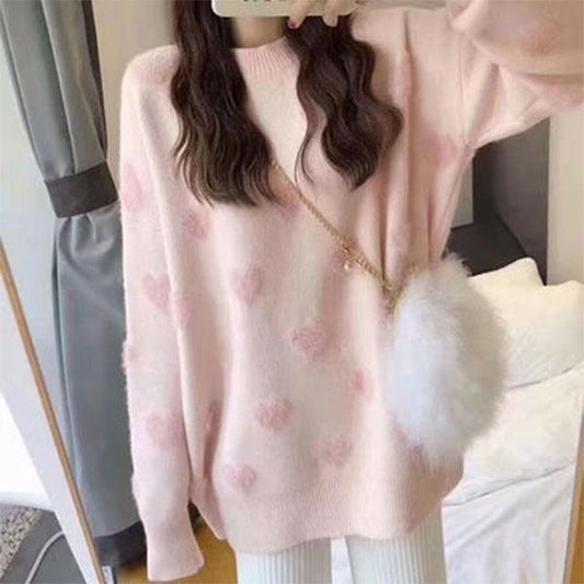 Love Round Neck Pullover Sweater Spring and Autumn Loose Fairy Gentle Style Student Sweater Jacket