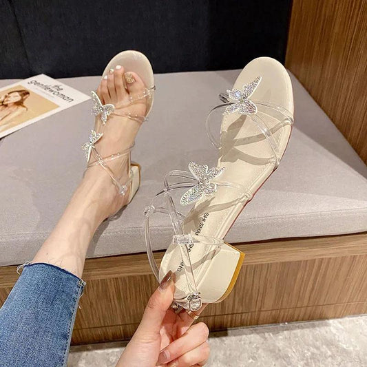 Summer Sandals Women Mid-heel Sandals Transparent Rhinestone Butterfly Sandals Female Temperament Retro All-match Shoes Comfortable and Wear-resistant