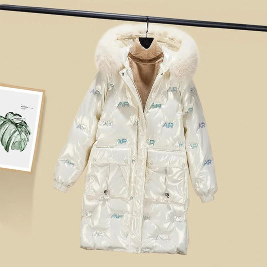 Down Cotton Jacket Winter Thicken Warm Loose Fashion Color Glossy Disposable Stand Collar Mid-length Cotton Jacket Women