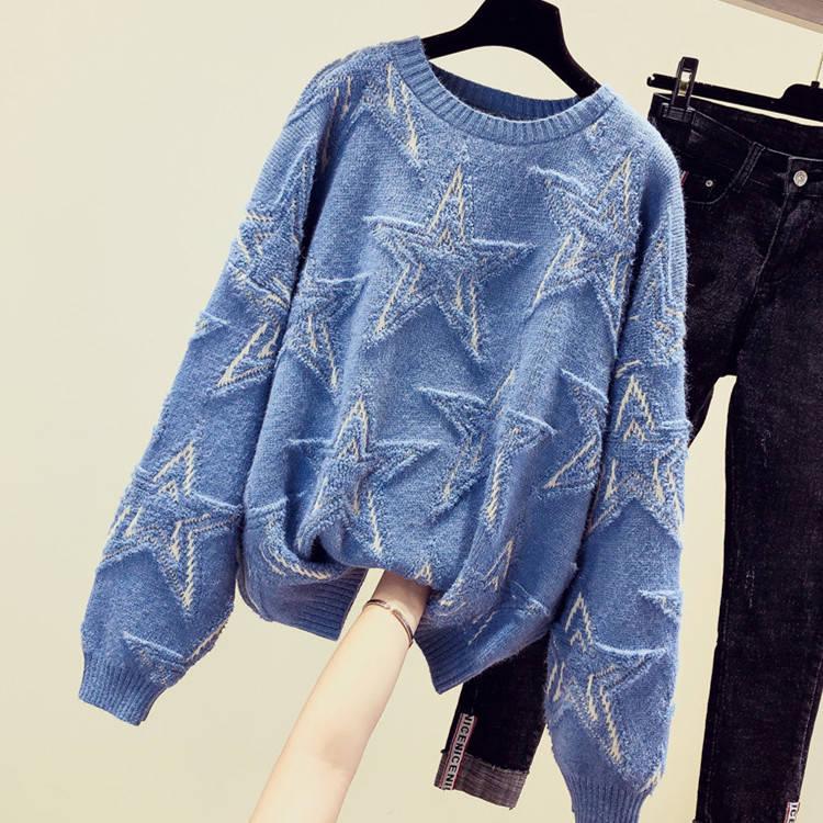Stars Print Sweaters Tunic Women Casual Round-neck Loose Long Sleeve Knitted Top Autumn Winter Female Jumper Pullovers