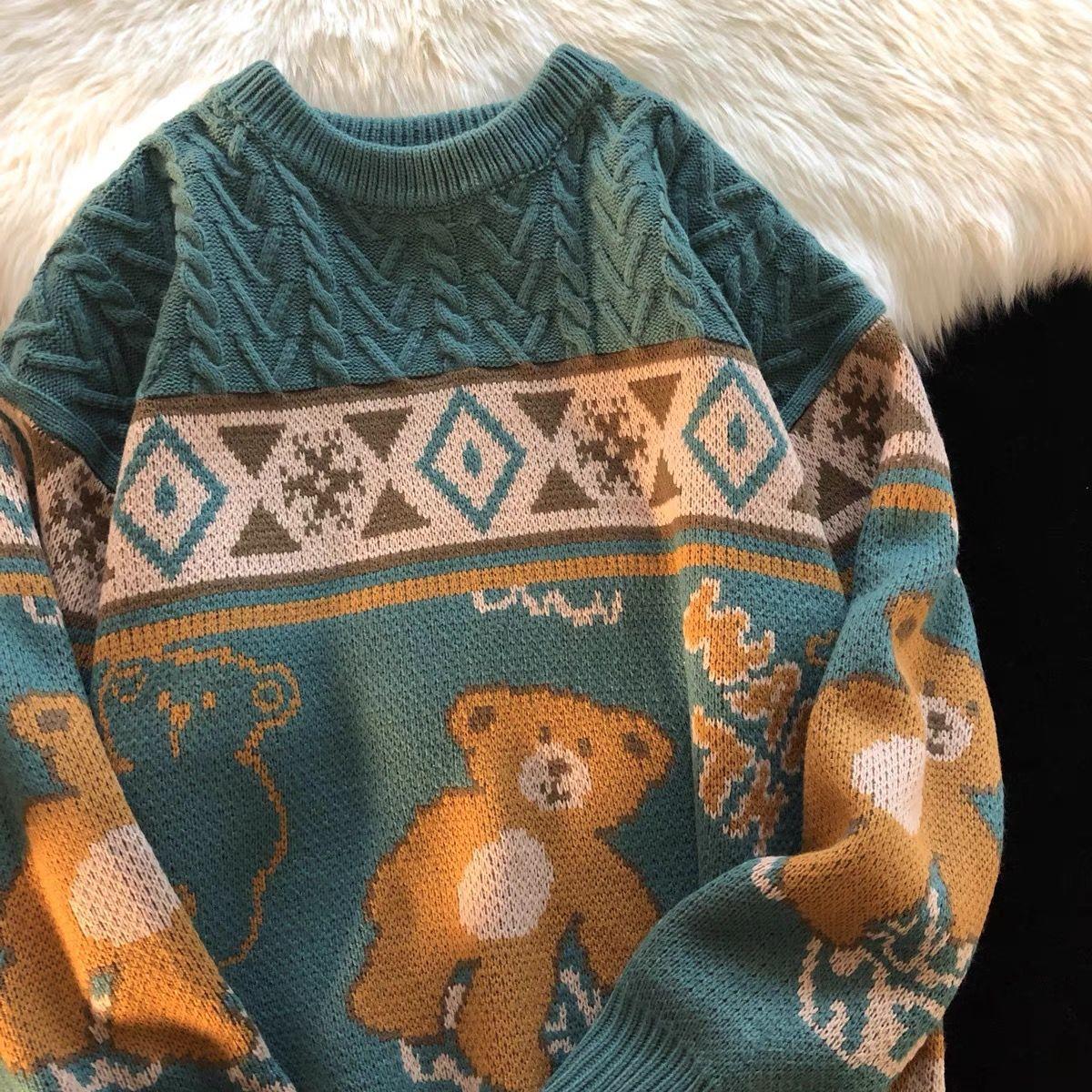 American Retro Autumn and Winter Sweaters Men and Women Lazy Wind Bear Lovers Design Sense Niche Trend Japanese Knit Sweater