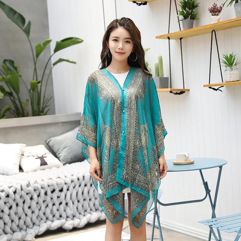 Sunscreen Shawl Beach Multi-used Variety Silk Scarf Chiffon Printing Anti-ultraviolet Temperament Cape Shawl with Scarf Outside