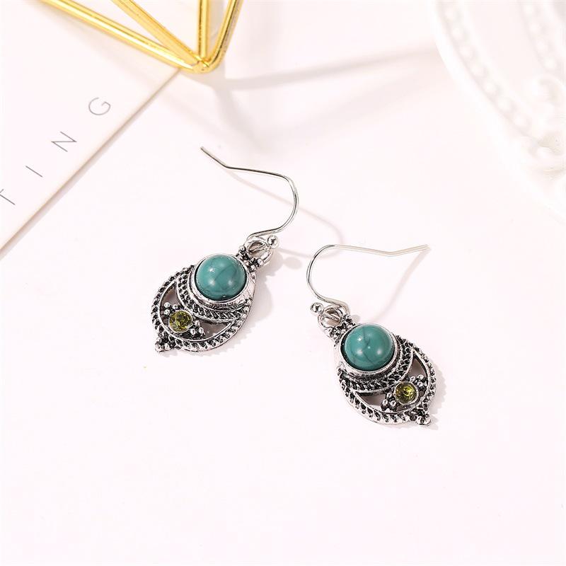Ear Jewelry Bohemian Style Sub-turquoise Pendant Court Retro Hollow Carved Ear Hook Earrings