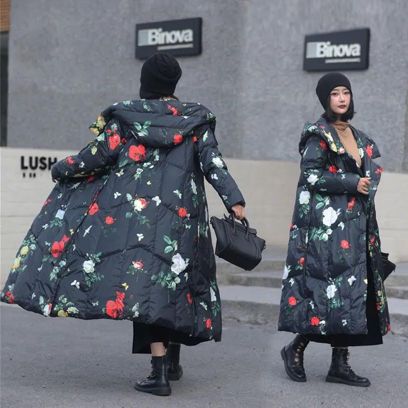 Long Down Jacket Fashion Literary Print Hooded Cotton Jacket Lengthened Thick Loose Plus Size Windbreaker Jacket