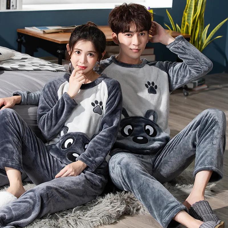 Cartoon Bear Couple Pajamas Suit Men Home Clothes Tops and Pants Ladies Winter Cashmere Warm Homewear