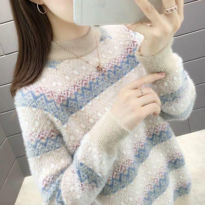 Autumn and Winter Mohair Loose Sweater Casual Jacquard Knitted Bottoming Shirt Thickened Pullover Women's Sweater
