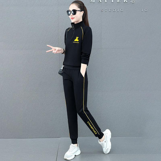 Sports and Leisure Suit Women Loose Stand-up Collar Sweater Running Clothes Two-piece Long-sleeved Trousers Sweat-absorbent and Breathable