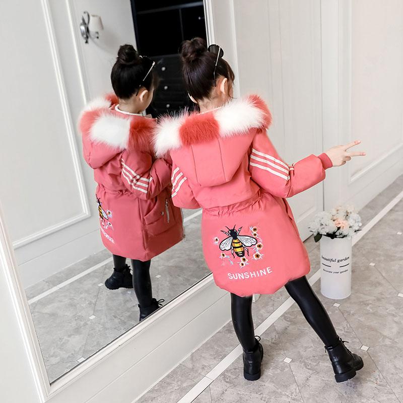 Winter Girl's Cotton Padded Jacket Thickened Medium Length Parka Jacket Children's Printed Hooded Jacket with Removable Fur Coll
