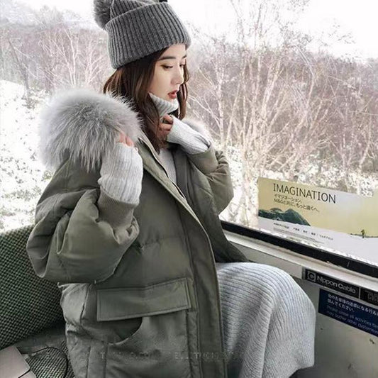 Winter Fluffy Big Fur Collar Hooded Down Jacket Women Mid-length Slim Over The Knee Thick Hooded Winter Warm Plus Fleece Jacket