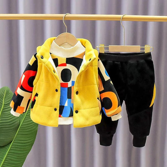 Autumn and Winter Children's Waistcoat Sweater Plus Velvet Thickening Suit Small Medium Children's Baby Winter Three-piece Outer Wear Padded Jacket