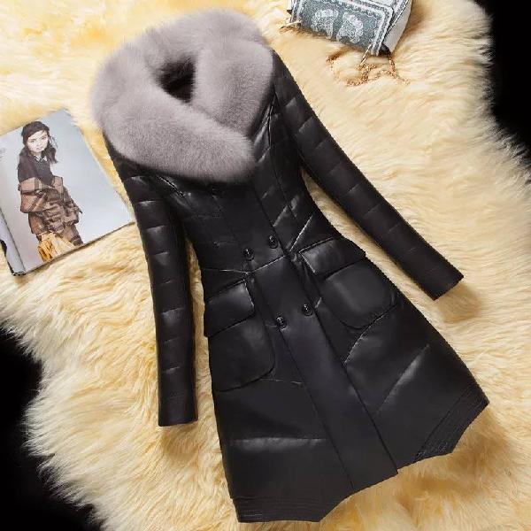 Winter Women's Leather Coat Mid-length Slim-fit Thicken Fur Coat with Detachable Faux Fox Fur Collar Plus Size Leather Trench Coat