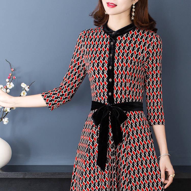 Stand-up Collar Plaid Dress Temperament Slim Fit Waist Slimming Knit Skirt Women