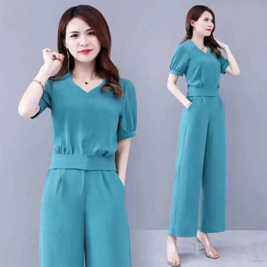 The Whole Set of Summer Cool and Comfortable Two-piece Wide-leg Casual Solid Color Age-reducing Sports Suit Women