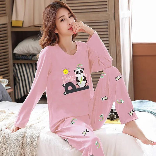 Ladies Pajamas Set Spring Autumn Cotton Long-sleeved Suit Cartoon Printing Pink Top Pants Two-piece Set Outdoor House Wear