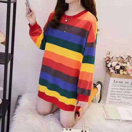 Women's Autumn Plush Mid-length Loose Tops Female Large Size Long Sleeve Rainbow Striped T-shirts
