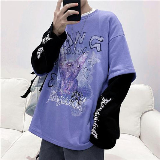 Dark Gothic Long Sleeve T-shirt Unisex Oversized Loose Fake Two Long Sleeve T-shirt Punk Harlan Long T