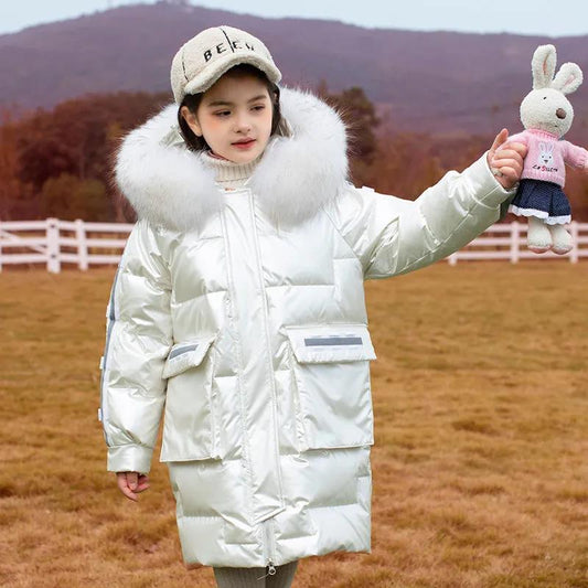 Girls' Warm and Windproof Down Jacket Disposable Mid-length Clothes Winter Thick White Duck Down Jacket