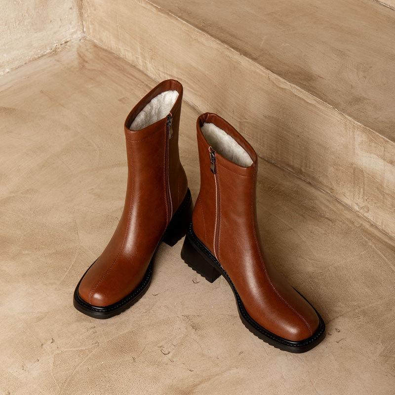 Vintage Women Boots Winter Shoes Knee High Riding Boots Leather Ankle Booties Black Brown Fur Warm Boots Fashion
