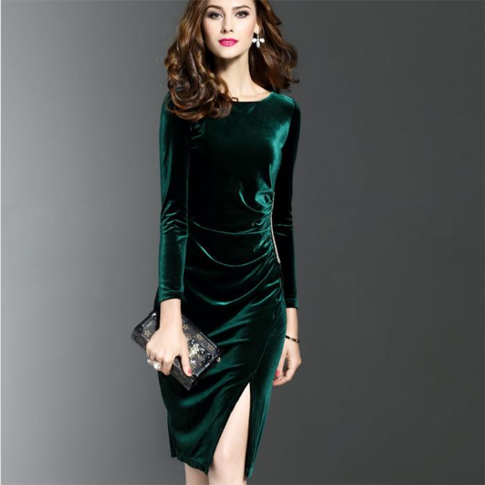 Sexy Gold Velvet Women's Mid-length Round Neck Dress Split Fork Clothing
