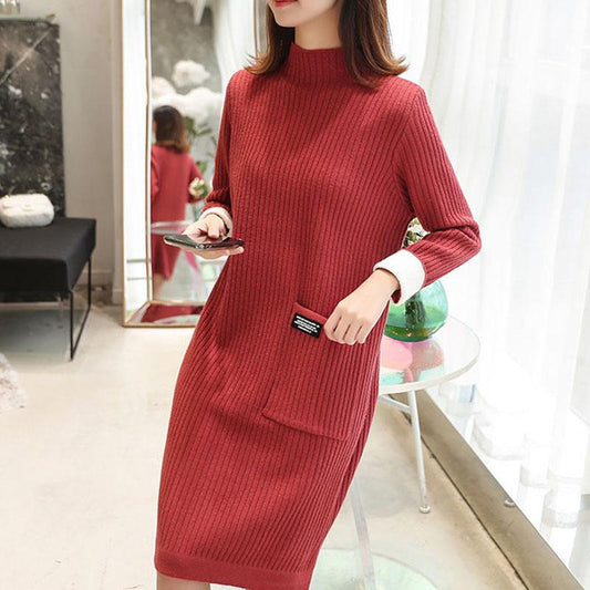 Autumn and Winter Mid-length Sweater Knitted Loose Half Turtleneck Bottoming Shirt Long Sleeve Women's Dress